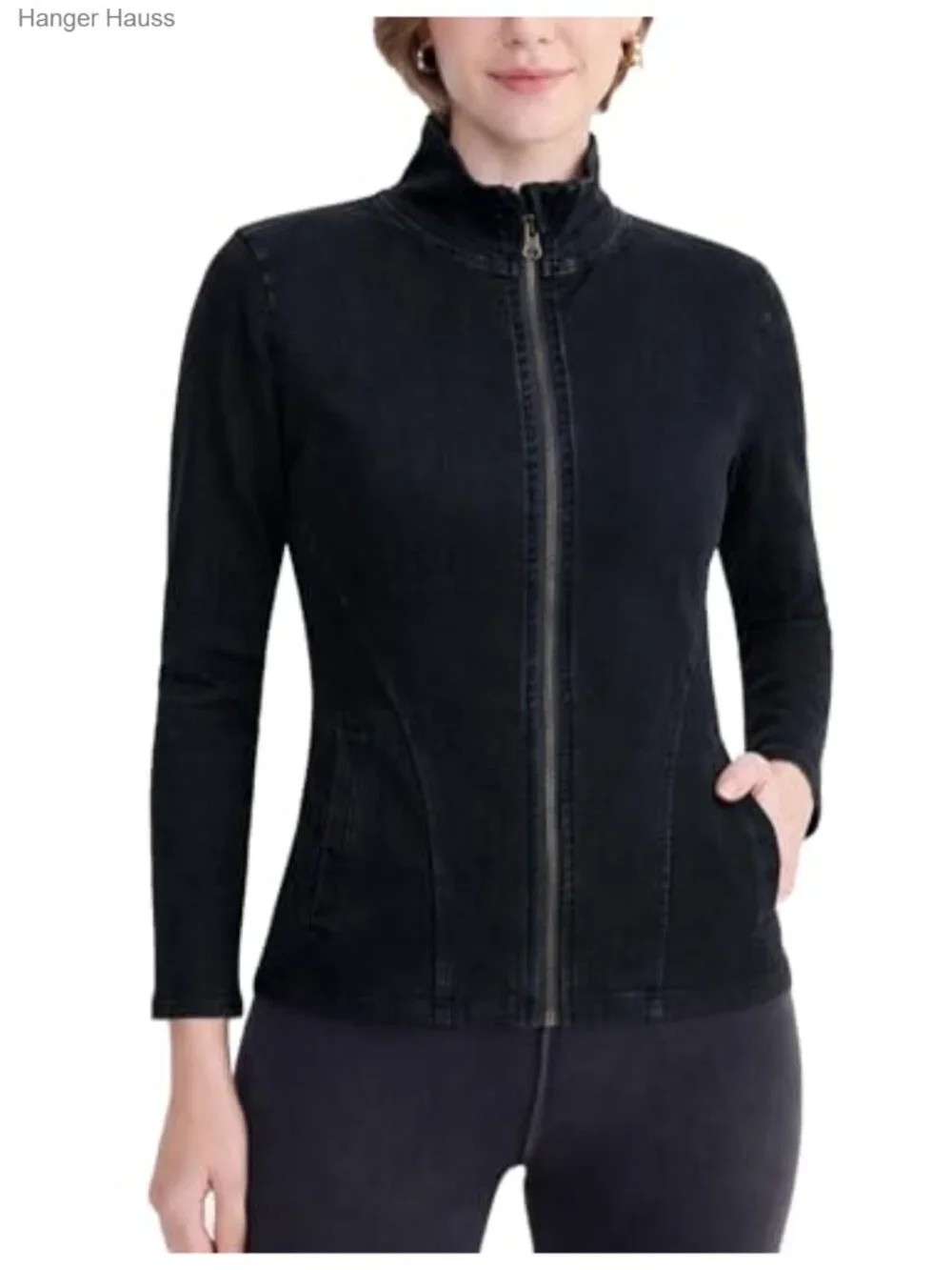 Women's Stretch Denim Jacket Zip Up Long Sleeve Coats with Pockets